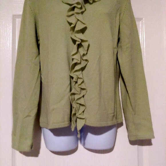 Prive 100% Cashmere L-Sleeve V-Neck Ruffle Key Lime Sweater Large - Picture 4 of 5